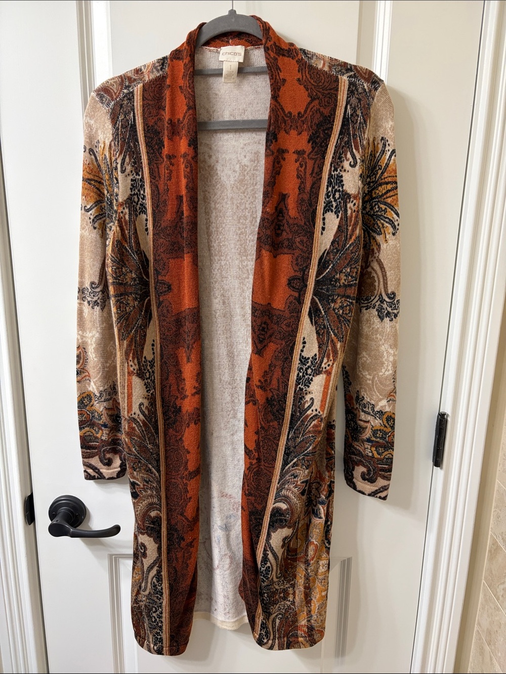 Fall Cardigan Chico's Rust & Beige Paisley Open-Front